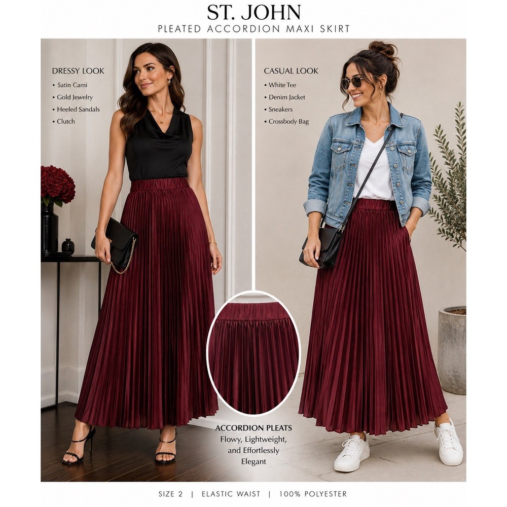 St. John Pleated Maxi Skirt Size 2 Burgundy Wine Elastic Waist Old Money Elegant